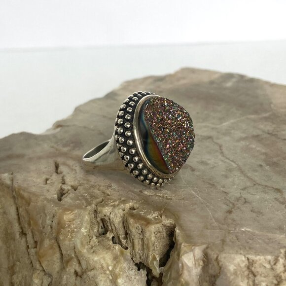 Sterling Silver 925 FD Felecia Designs Round Titanium Aura Druzy Ring Size 7 - Picture 12 of 16